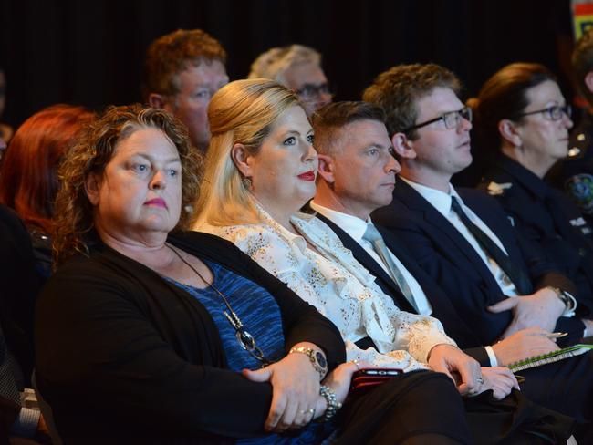 Southern crime prevention meeting at Port Noarlunga, Monday, April 16, 2018. MP Nat Cook, left, with other politicians and police. (AAP Image/ Brenton Edwards)