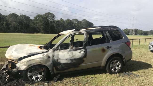 The car linked to the murder of a man in Riverstone burnt out at Boronia Park in North St Marys days after the violent home invasion. Picture: NSW Police