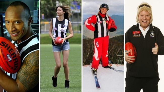 Dwayne 'The Rock' Johnson, Miranda Kerr, Alissa Camplin and Peter 'Strauchanaie' Hellier are among the celebs to barrack for Collingwood... or at least wear their colours... once.