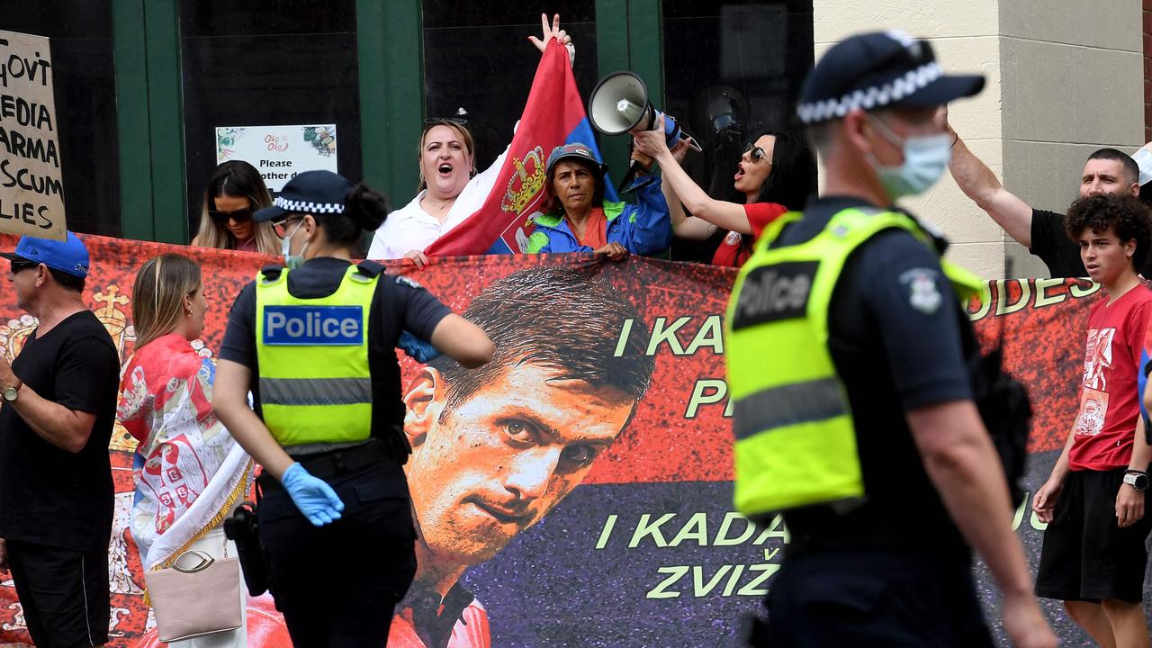 Supporters have congregated outside the hotel where Djokovic is being held. Picture: William WEST / AFP