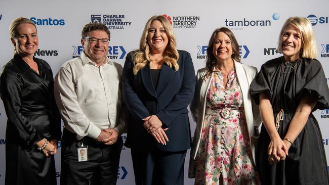 Stephanie Berlin, Shaun Drabsch, Melanie Plane, Kirsten Porteous and Samantha Hutchinson at the NT News Futures Northern Territory forum 2024. Picture: Pema Tamang Pakhrin