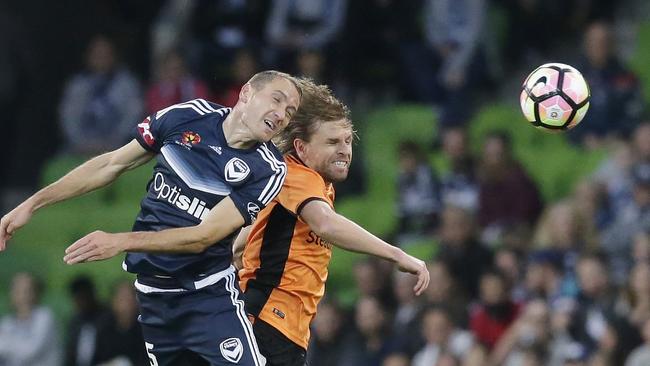 MELBOURNE, AUSTRALIA - APRIL 30: Daniel Georgievski of the Victory heads the ball during the A-League Semi Final match between Melbourne Victory and the Brisbane Roar at AAMI Park on April 30, 2017 in Melbourne, Australia. (Photo by Darrian Traynor/Getty Images)