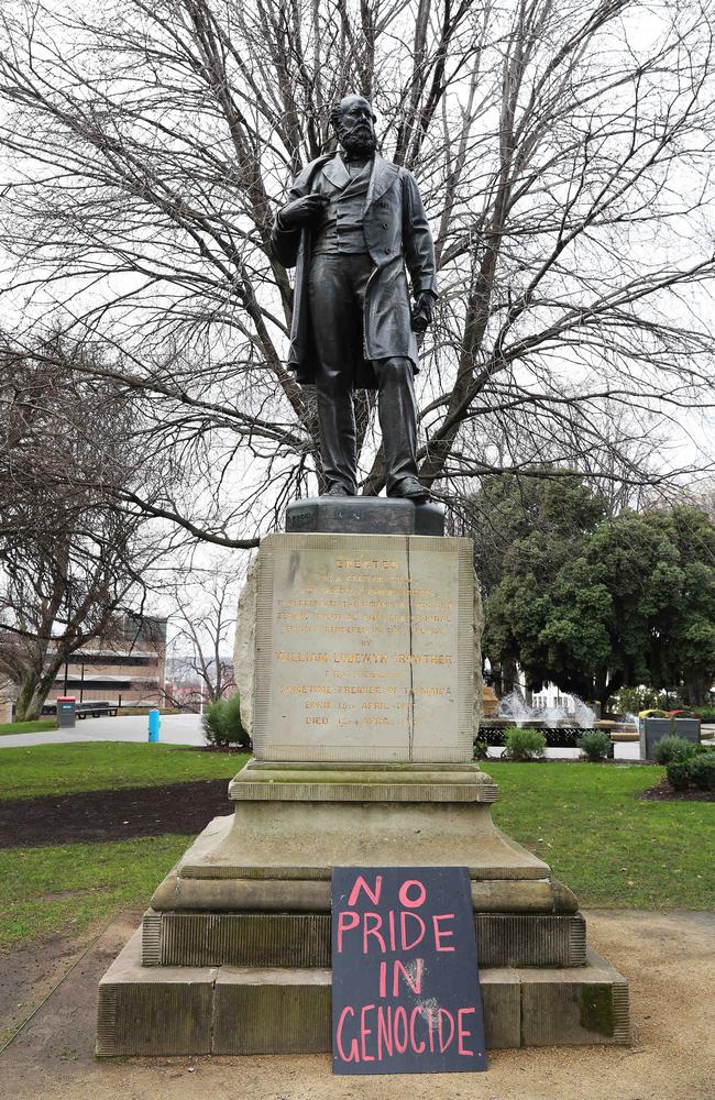 Sign placed at the William Crowther statue in Franklin Square Hobart in August, 2022. Picture: Nikki Davis-Jones