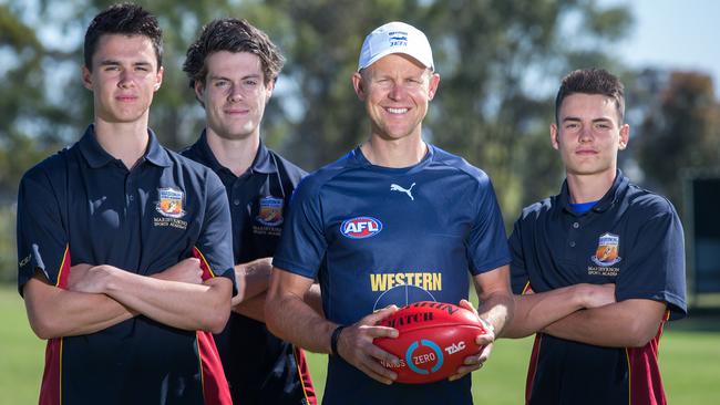 Billy Cootee (far right) with Western Jets (from left) Owen King, Josh Honey and coach, former Sydney Swan Ryan O’Keefe. Picture: Sarah Matray