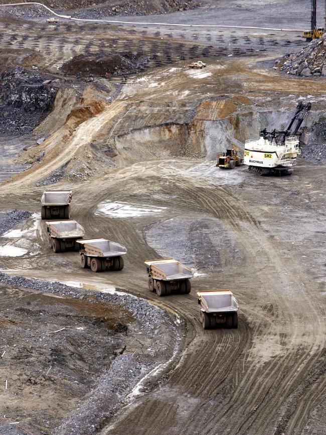 Trucks at works at Newmont’s Boddington gold mine in WA.