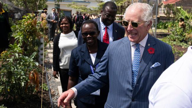 King Charles visits an urban farming project at Mama Lucy Kibaki Hospital in Nairobi on Tuesday. Picture: AFP