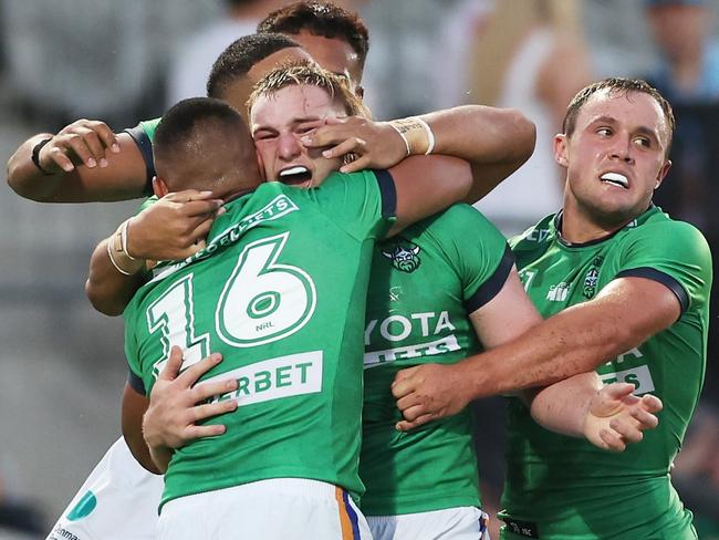 SYDNEY, AUSTRALIA - FEBRUARY 17:  Noah Martin of the Raiders celebrates with team mates after scoring a try during the NRL Pre-season challenge match between Parramatta Eels and Canberra Raiders at Netstrata Jubilee Stadium on February 17, 2024 in Sydney, Australia. (Photo by Matt King/Getty Images)