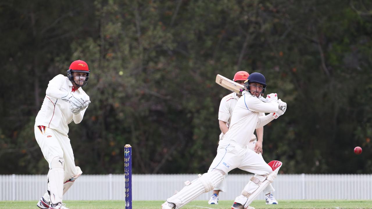 Gold Coast Dolphins batsman Liam Hope-Shackley plays a shot against the Sunshine Coast during the Queensland Premier Cricket match at Bill Pippen Oval. Photograph : Jason O'Brien