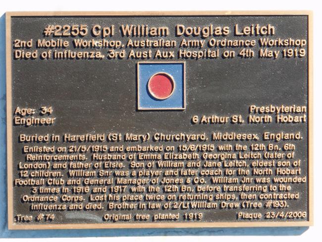 World War I soldier William Douglas Leitch is commemorated at tree #74 on the Soldiers' Memorial Avenue in Hobart.