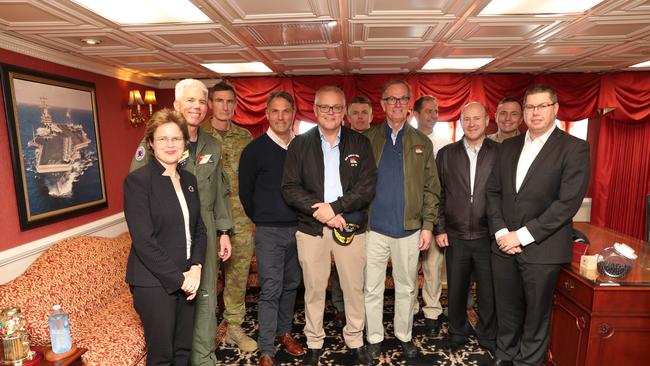 Mr Morrison on board the USS Ronald Reagan off the coast of Brisbane. Picture: Adam Taylor