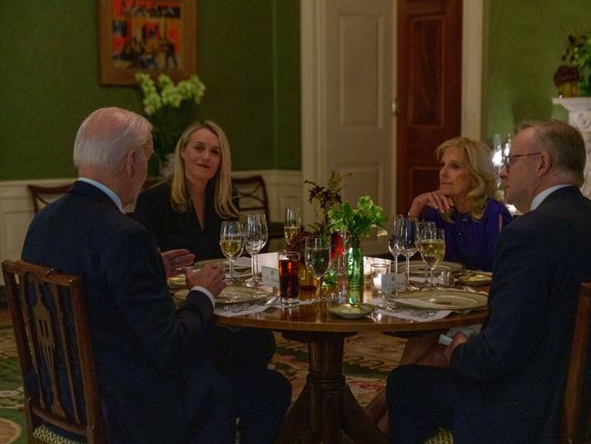 US President Joe Biden, Jodie Haydon, First Lady Jill Biden and Prime Minister Anthony Albanese enjoy a private dinner at the White House. Picture: Prime Minister’s Office