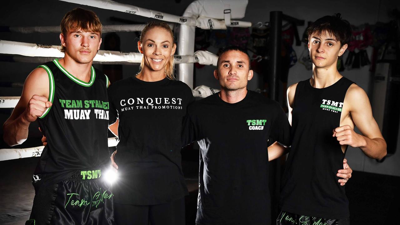 Fighters Dre Stalder and Jayden Carroll with coach Brodie and Elise Stalder of Stalder Muay Thai. Picture: Patrick Woods.