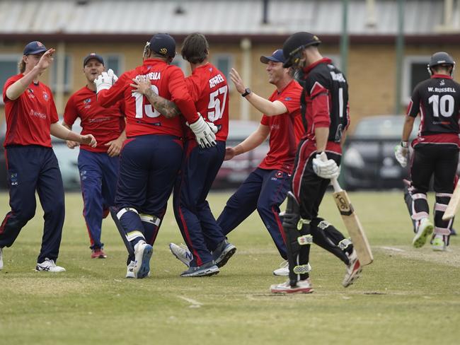 Bentleigh celebrate after Shane Jefree dismisses South Caulfield batsman Lewis Mildenhall. Picture: Valeriu Campan