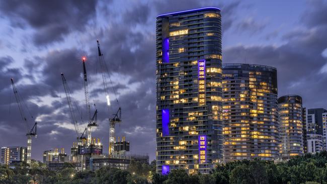 Opal Tower at Homebush photographed at dusk. Picture: Gordon McComiskie