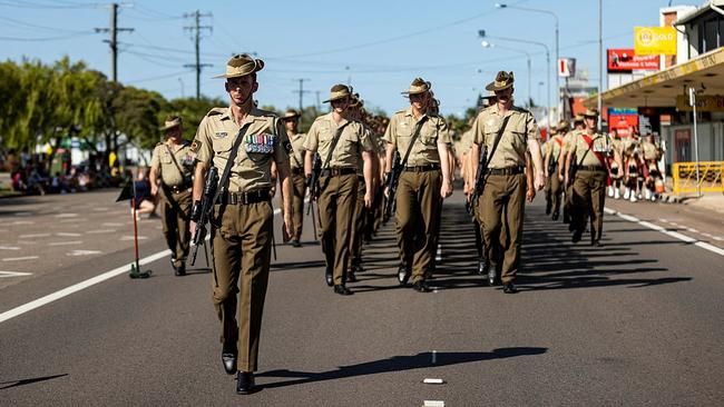 Australian Army 3RAR soldiers march along Herbert Street in Ingham. Picture: BDR Guy Sadler