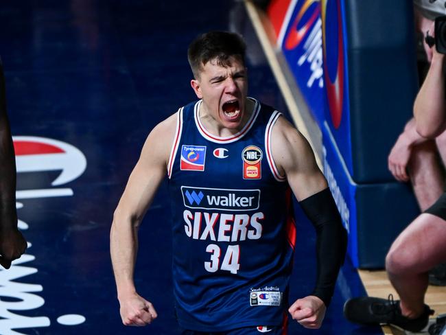 ADELAIDE, AUSTRALIA - OCTOBER 03: Dejan Vasiljevic of the 36ers celebrates a point during the round three NBL match between Adelaide 36ers and South East Melbourne Phoenix at Adelaide Entertainment Centre, on October 03, 2024, in Adelaide, Australia. (Photo by Mark Brake/Getty Images)