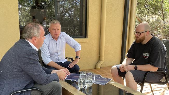 Housing Minister Nic Street, Premier Jeremy Rockliff, and Blackmans Bay renter Alex during Tasmania's election 2024 campaign. Picture: Rob Inglis