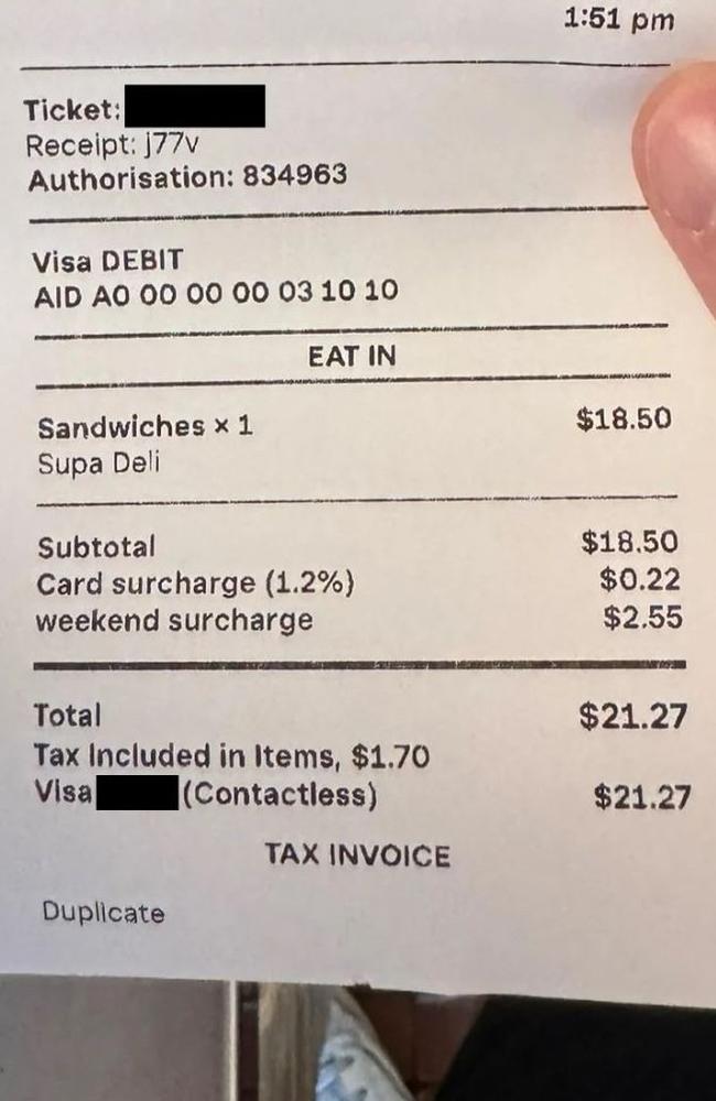 The diner had ordered an $18.50 sandwich but ended up paying $21.27 with the added surcharges. Picture: Reddit