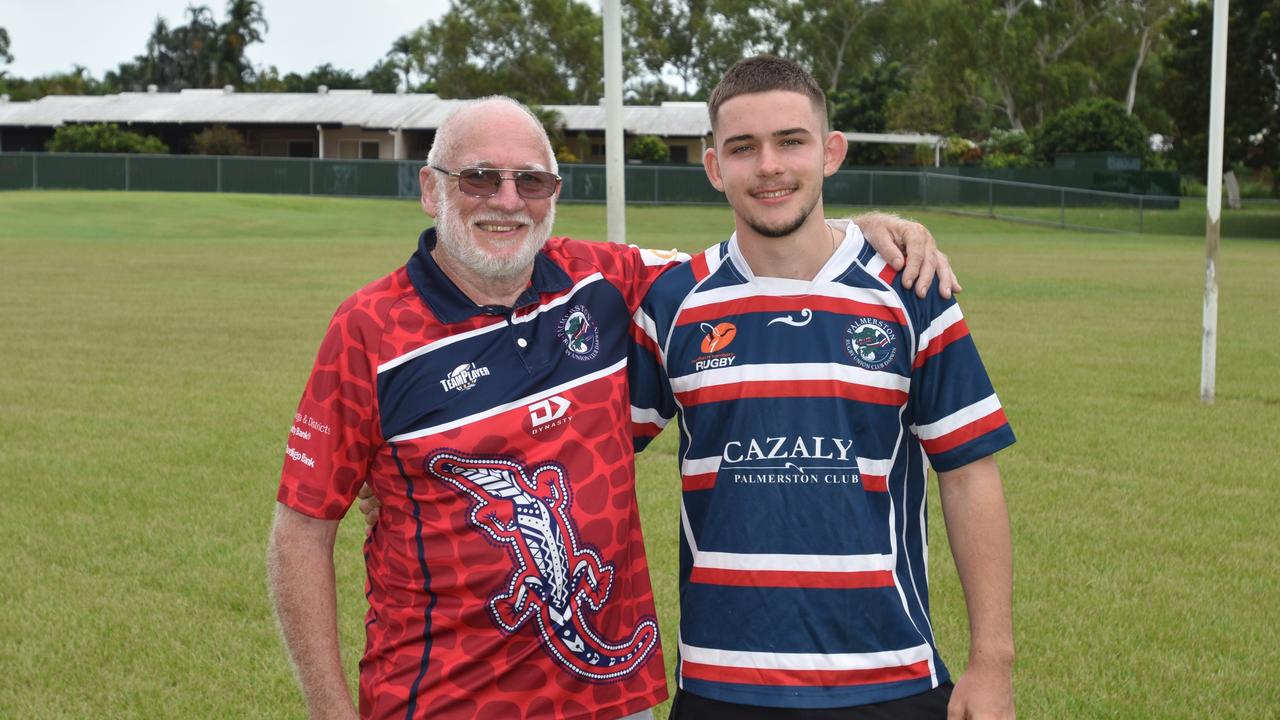 Dennis Bree (73) and his grandson Hamish (17) will both play in the same B-grade Palmerston Crocs rugby team this weekend – February 8, 2025. Picture: Darcy Jennings