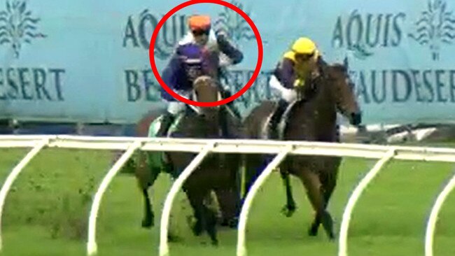 Quade (Jag Guthmann-Chester, circled) was elevated from second to first after stewards deemed he was tightened by Beachside Babe (Andrew Spinks, yellow cap) at the 300m. Picture: Screengrab/Racing Queensland