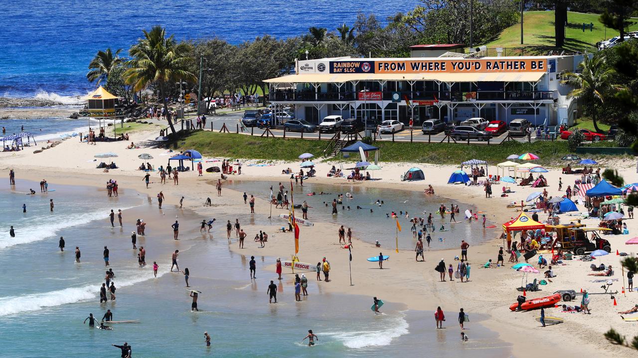 The iconic Rainbow Bay SLSC ‘from where you’d rather be’ sign. Picture: Nigel Hallett.