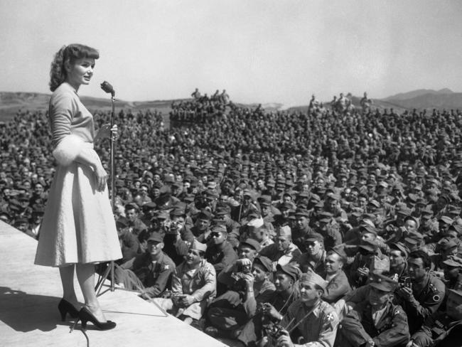 May 22, 1955. Debbie Reynolds entertains at 8th Army headquarters in Seoul, South Korea. Picture: AP Photo
