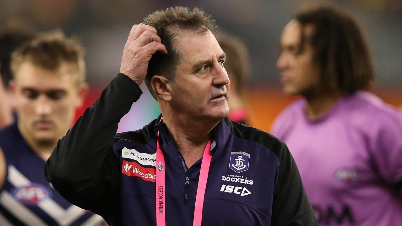 PERTH, AUSTRALIA - JULY 06: Dockers head coach Ross Lyon walks from the three quarter time huddle during the round 16 AFL match between the Fremantle Dockers and the West Coast Eagles at Optus Stadium on July 06, 2019 in Perth, Australia. (Photo by Paul Kane/Getty Images)