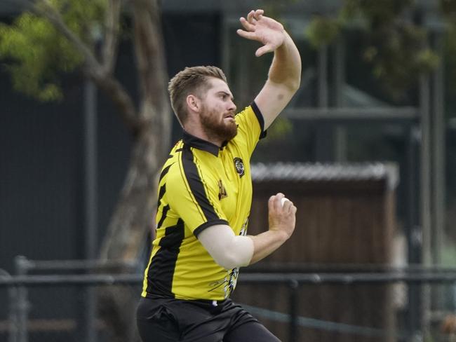 MPCA Peninsula Div cricket: Seaford Tigers v Pines. Jake Harrington bowling for Seaford.  Picture: Valeriu Campan