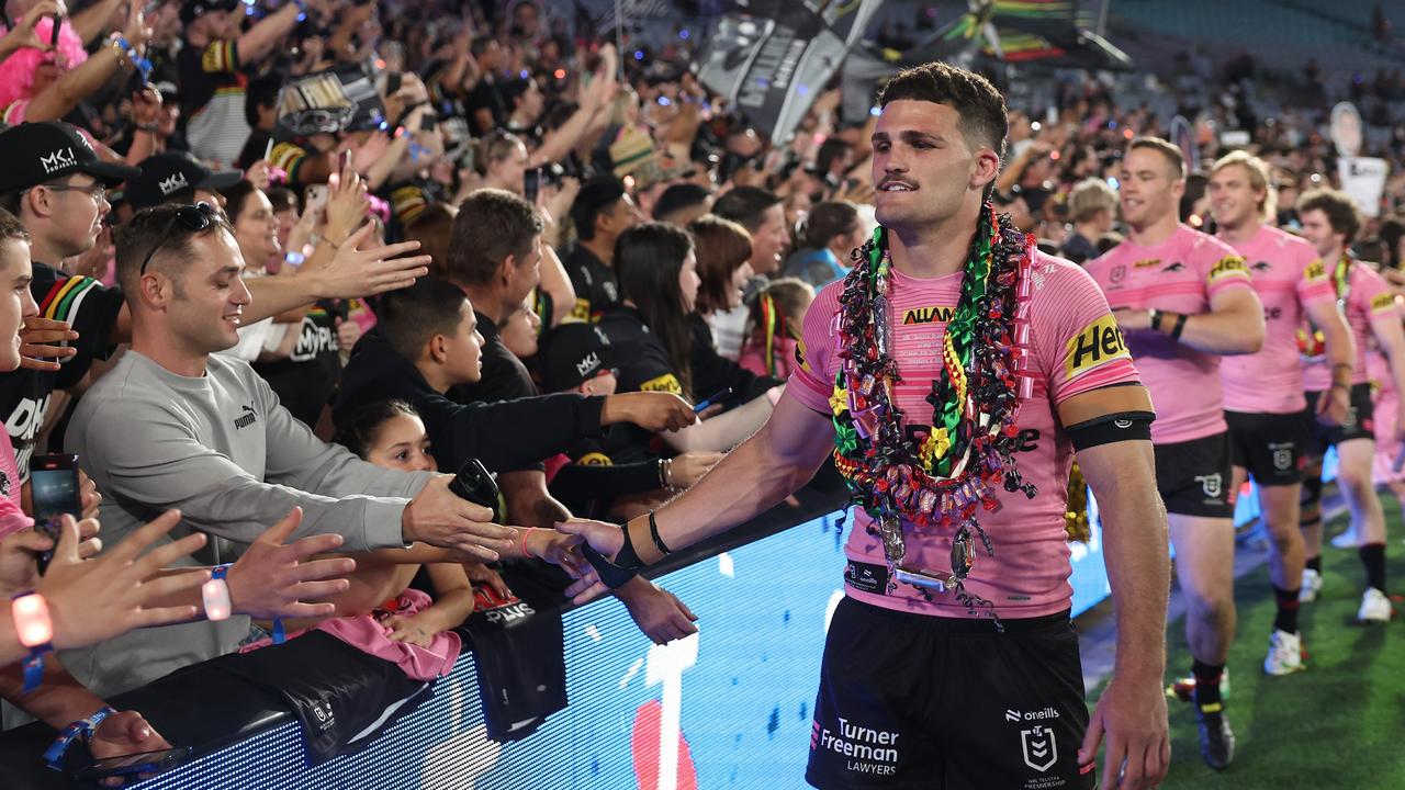 Nathan Cleary celebrates with fans.