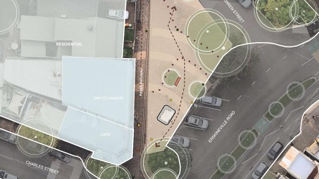 A draft concept plan showing where the toilets would be located in Erskineville Square.