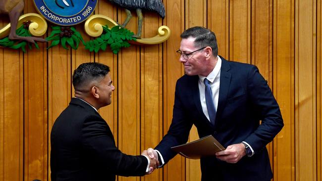 The investiture of newly elected Townsville City Councillors at the council chambers. Townsville City Council CEO Prins Ralston and Mayor Troy Thompson. Picture: Evan Morgan