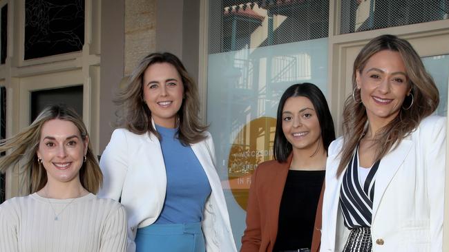 All-female Adelaide law firm Resolve is trying to empower women across the state, launching a new business networking group. Resolve founder and director Rose Cocchiaro, right, with co-director, Chanel Martin in blue and senior lawyers Vanessa Camerlengo and Sophie Bell, left. Picture: Dean Martin