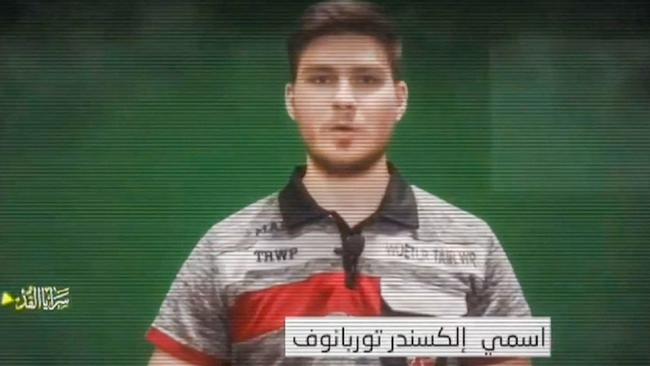 An image grab from a video released by the Palestinian militant group Islamic Jihad of 28-year-old Russian-Israeli hostage Sasha Trupanov, speaking to the camera. Trupanov was captured on October 7 from kibbutz Nir Oz along with his mother. Picture: AFP.