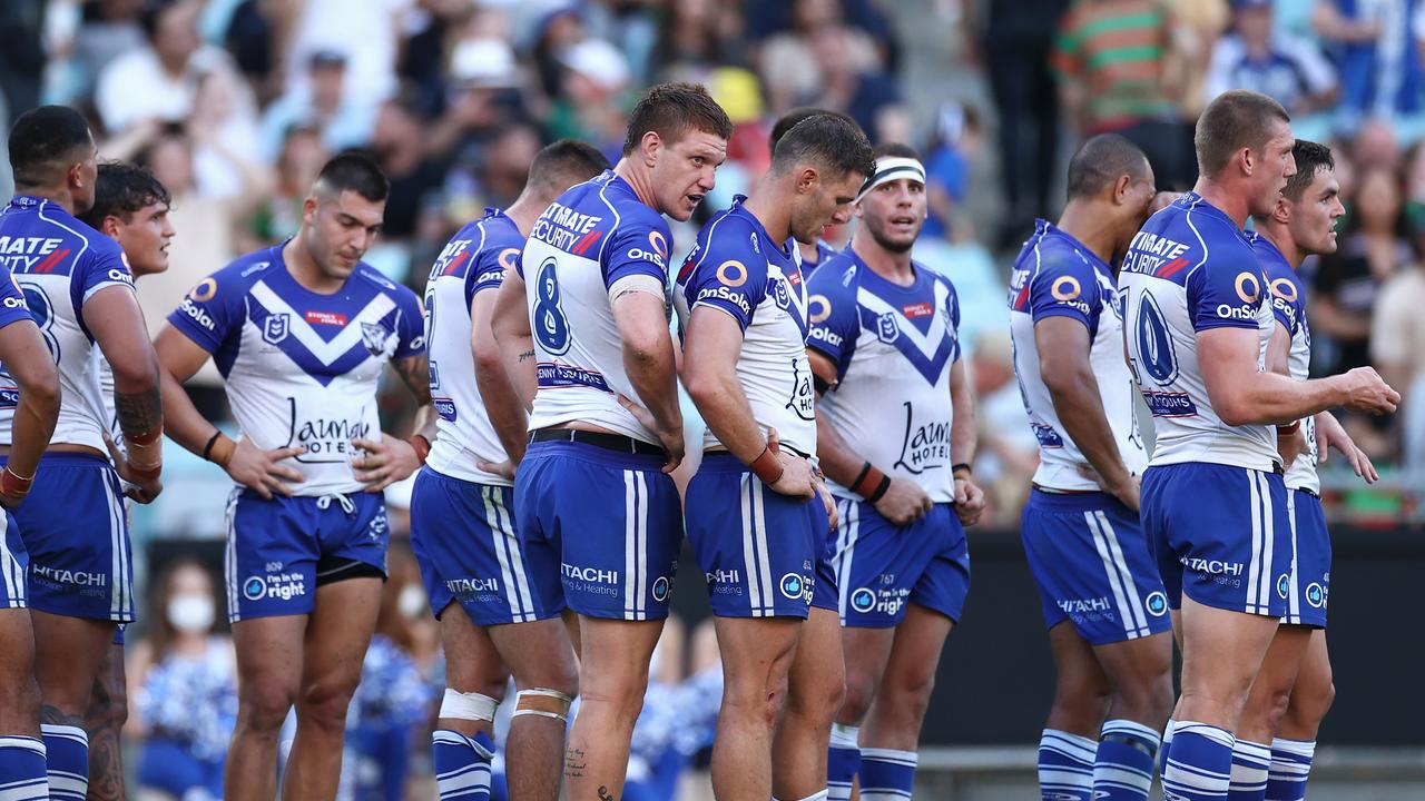 SYDNEY, AUSTRALIA - APRIL 02: Dylan Napa of the Bulldogs and team mates look dejected during the round four NRL match between the Canterbury Bulldogs and the South Sydney Rabbitohs at Stadium Australia, on April 02, 2021, in Sydney, Australia. (Photo by Cameron Spencer/Getty Images)