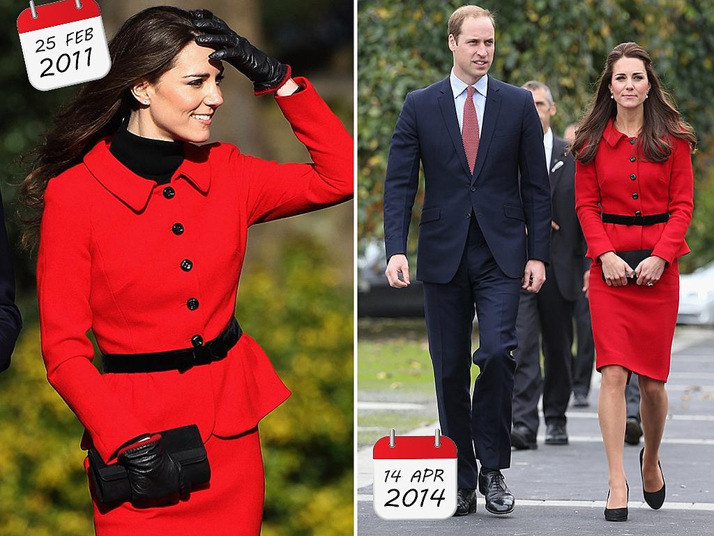 Catherine knows the value of an implacable Italian Spagnoli skirt suit spotted sporting the leather look in 2011 then again in New Zealand, 2014. Picture: Getty