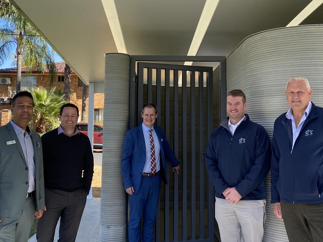 Dubbo Regional councillors Shibli Chowdhury, Matthew Wright, Mathew Dickerson, major project manager Ian Whipple and building services coordinator Stephen Parish unveiling the 3D amenities block.