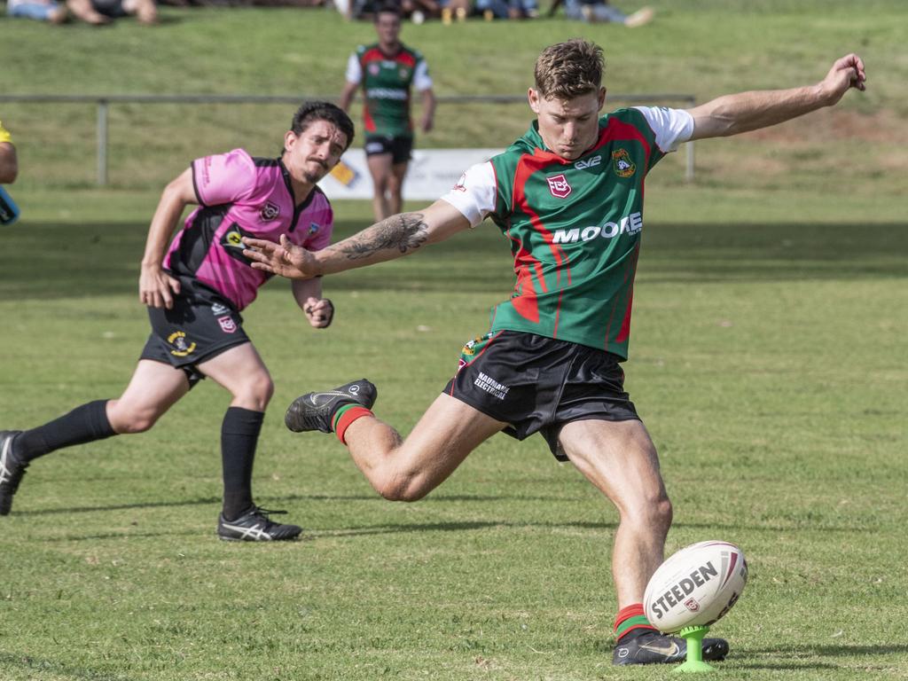 Brenton Clement kicks for Pittsworth.