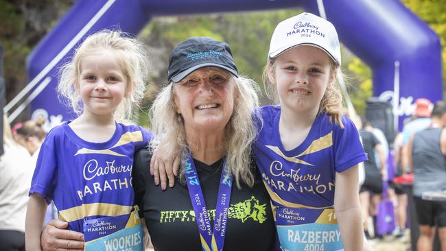 Cadbury Marathon, Christie Beetz with her grandchildren Brooklyn 3 and Ava 5. Picture: Chris Kidd