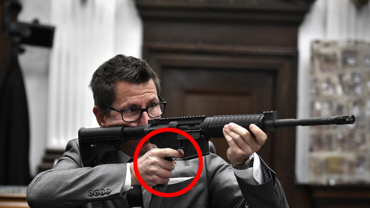 Assistant District Attorney Thomas Binger holds Kyle Rittenhouse's gun as he gives the state's closing argument in Kyle Rittenhouse's trial at the Kenosha County Courthouse on November 15, 2021 in Kenosha, Wisconsin. Rittenhouse is accused of shooting three demonstrators, killing two of them, during a night of unrest that erupted in Kenosha after a police officer shot Jacob Blake seven times in the back while being arrested in August 2020. Rittenhouse, from Antioch, Illinois, was 17 at the time of the shooting and armed with an assault rifle. He faces counts of felony homicide and felony attempted homicide. Sean Krajacic-Pool/Getty Images/AFP (Photo by POOL / GETTY IMAGES NORTH AMERICA / Getty Images via AFP)