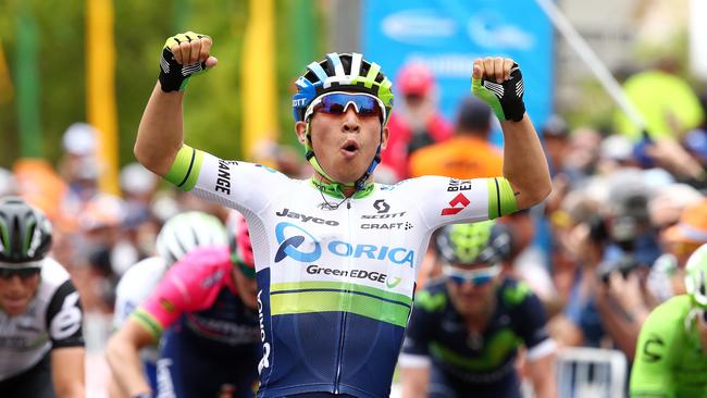 Caleb Ewan celebrates his Stage 1 win. Photo: Sarah Reed.