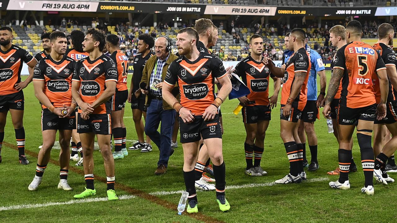 The Tigers in disbelief after the loss. Picture: Ian Hitchcock/Getty