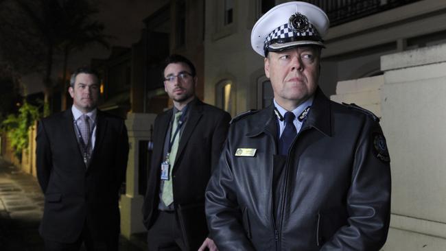 Sexual Crimes Investigation Branch officers (from left) Detective Brevet Sergeant David Fitzgerald, Detective Acting Sergeant Matt Lyons and Officer-in-Charge Detective Superintendent Steve Ryan in Gover Street in North Adelaide.