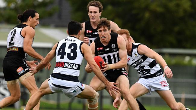 Louis Sharrad in action for Port Adelaide Magpies before his shift to the Eagles. Picture: Tom Huntley