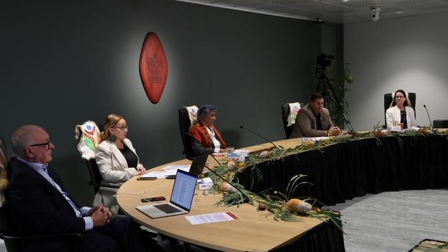 Commission members, Kevin Bell AM KC, Sue-Anne Hunter, Professor Eleanor Bourke AM, Travis Lovett and Professor Maggie Walter. Picture: Brianna Young/Yoorrook Justice Commission.