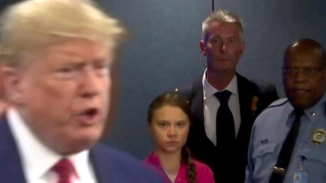 Greta Thunberg stares down US President Donald Trump as he enters the United Nations. Picture: Supplied