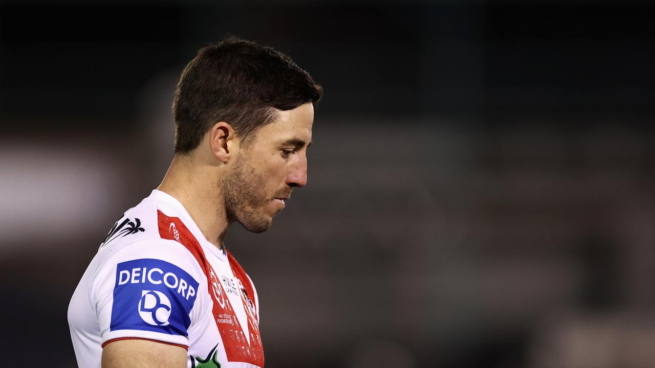 SYDNEY, AUSTRALIA - JUNE 29: Ben Hunt of the Dragons looks dejected during the round 18 NRL match between Cronulla Sharks and St George Illawarra Dragons at PointsBet Stadium on June 29, 2023 in Sydney, Australia. (Photo by Cameron Spencer/Getty Images)