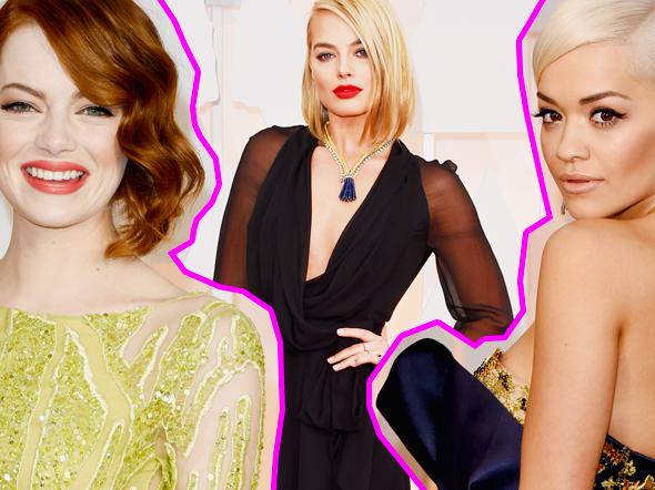 Emma Stone, Margot Robbie and Rita Ora on the 2015 Oscars red carpet. Pictures: Getty