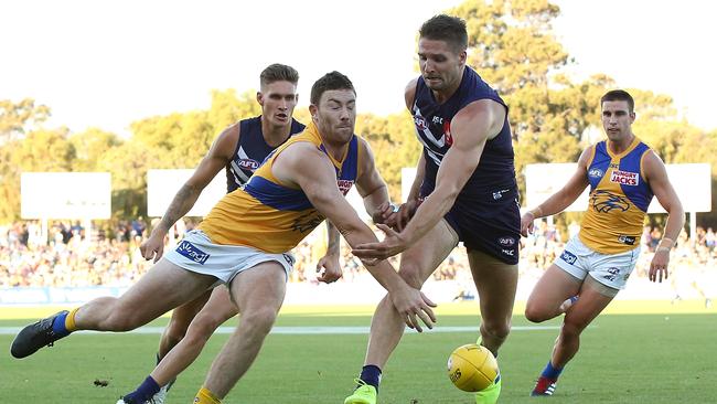 Jesse Hogan in action during the JLT Series for Fremantle against West Coast. Picture: Getty Images. 