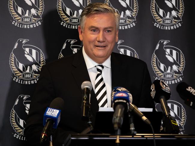 MELBOURNE, AUSTRALIA - FEBRUARY 09: Eddie McGuire resigns effective immediately as Collingwood Football Club President whilst speaking to the media during a Collingwood Magpies AFL press conference at the Holden Centre on February 09, 2021 in Melbourne, Australia. (Photo by Mackenzie Sweetnam/Getty Images)
