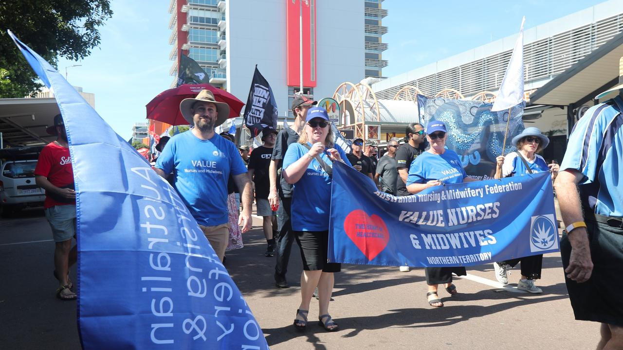 Australian Nursing and Midwifery Federation members marched through Darwin for the annual May Day march, celebrating union victories including the eight-hour work week, on Monday, May 5. Picture: Zizi Averill